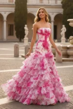 Strapless Floral Tiered Mermaid Prom Dress | Sevoba - Pink Custom Size