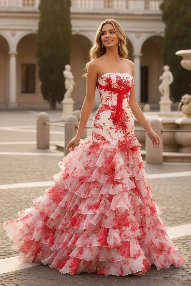 Strapless Floral Tiered Mermaid Prom Dress | Sevoba - Red Custom Size