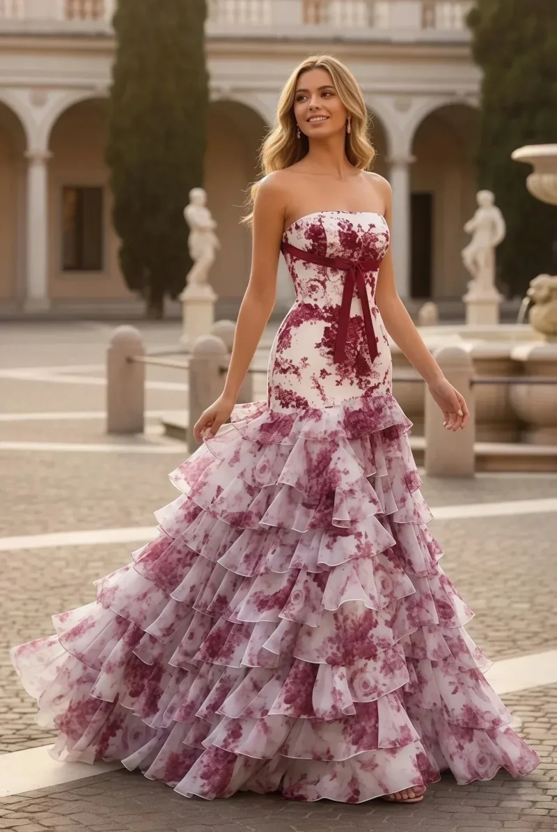 Strapless Floral Tiered Mermaid Prom Dress | Sevoba - Fuchsia Custom Size
