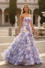 Strapless Floral Tiered Mermaid Prom Dress | Sevoba - Purple Custom Size