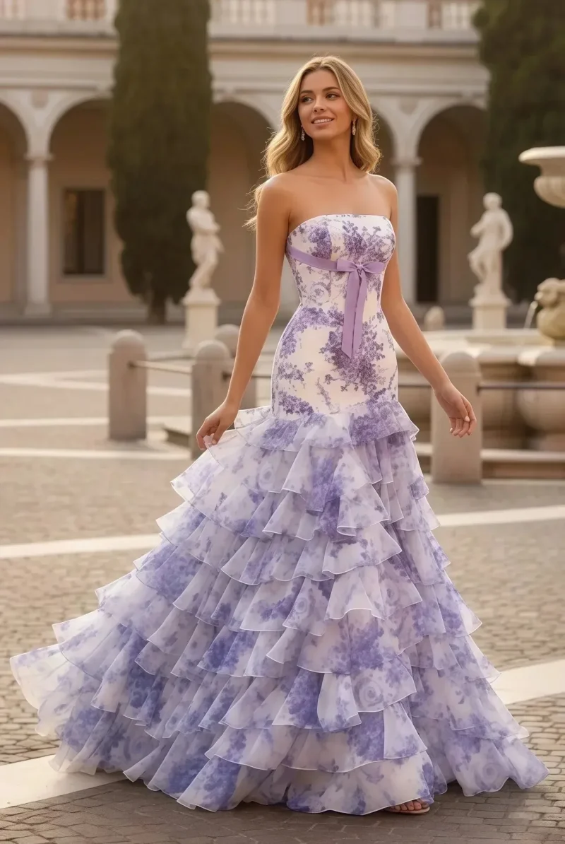 Strapless Floral Tiered Mermaid Prom Dress | Sevoba - Purple Custom Size