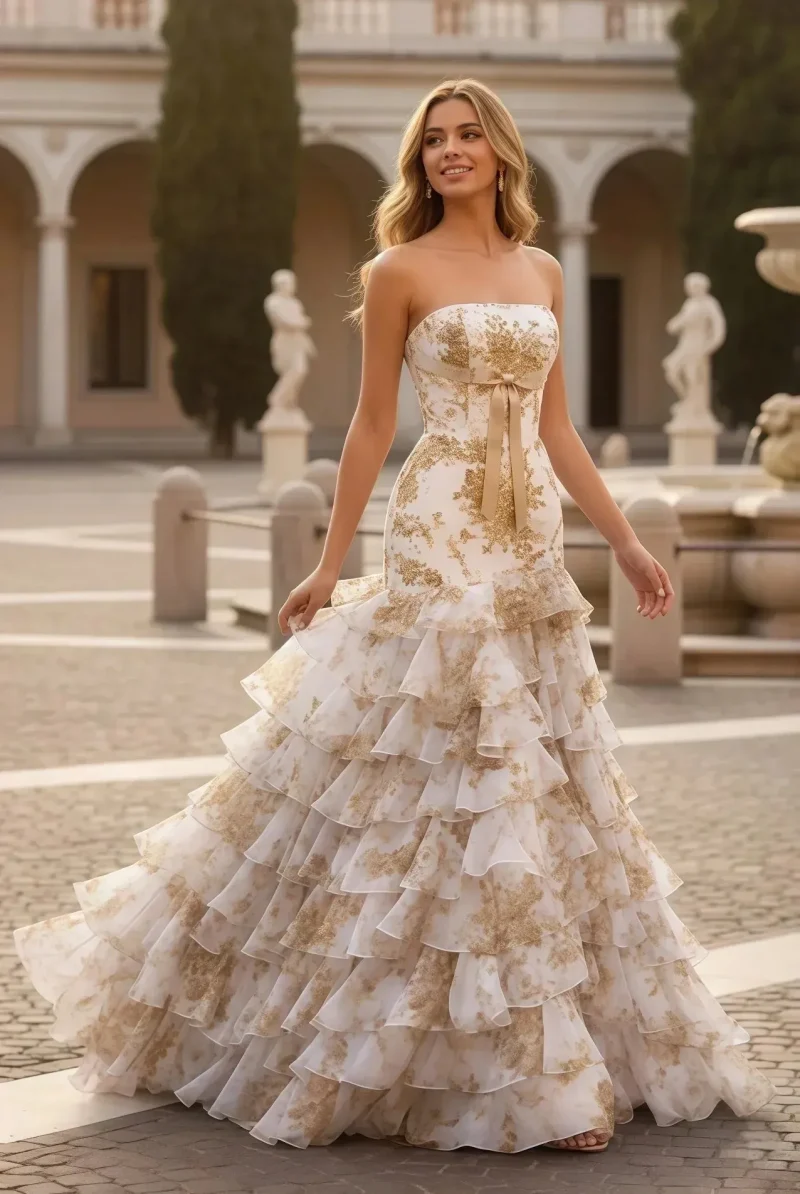 Strapless Floral Tiered Mermaid Prom Dress | Sevoba - Champagne Custom Size