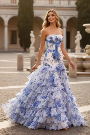 Strapless Floral Tiered Mermaid Prom Dress | Sevoba - Blue Custom Size