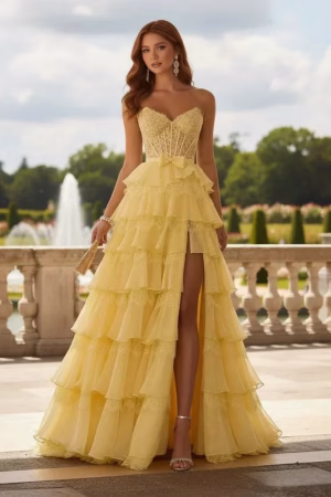 Tiered Ruffle Corset Strapless Prom Dress with Slit | Sevoba - Yellow Custom Size